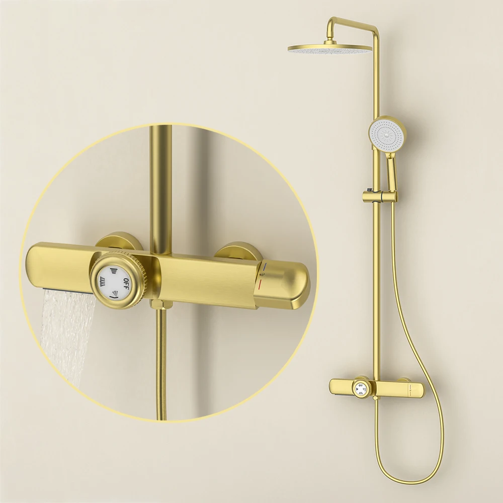 

10 Year Warranty Brushed Gold Thermostatic Shower Set for Bathroom Split Solid Copper Mixer Bathtub Rain Showers Faucet System