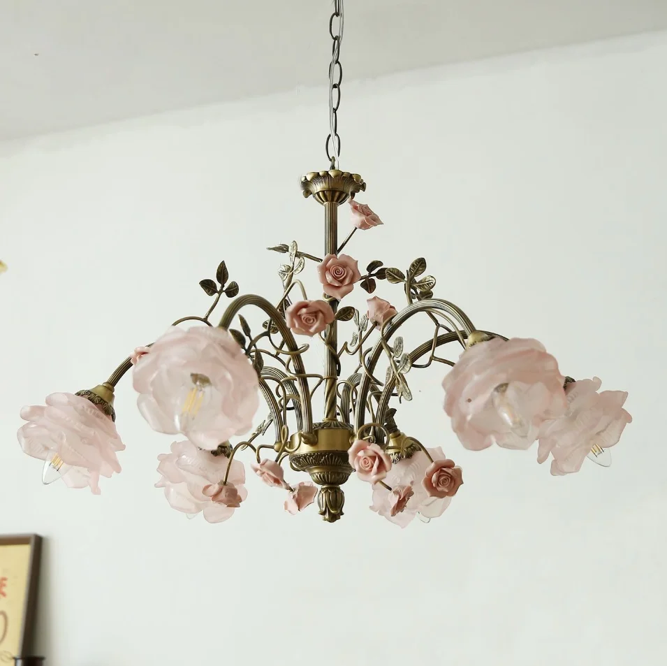 Copper Ceramic Floral Style Living Room Pendant French Retro Candle Decora Bedroom Study Creative Flower Master Bedroom Lighting