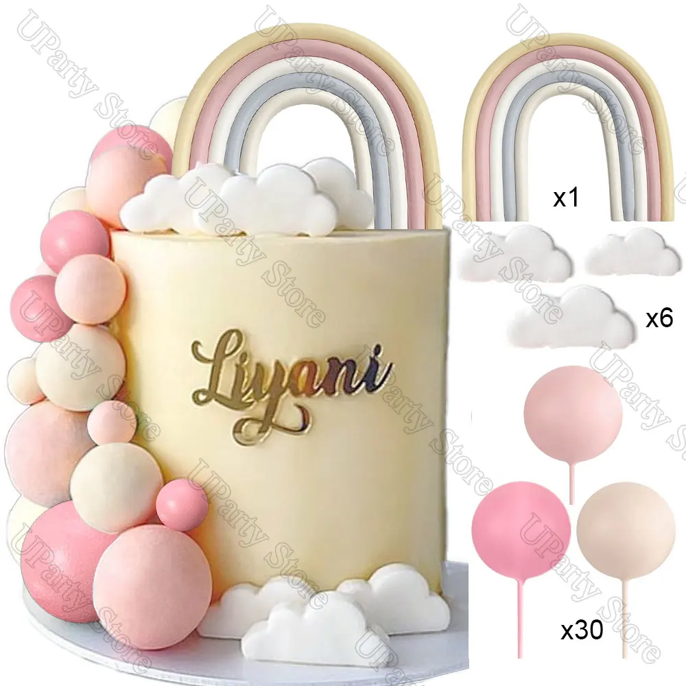 37 Stück Mararon-Kuchenbälle, Dekoration, weißer Clound, weiche Keramik, Pastell-Regenbogen-Kuchenaufsätze, Bälle für Geburtstag, Hochzeit, Mitbringsel – Detail 8
