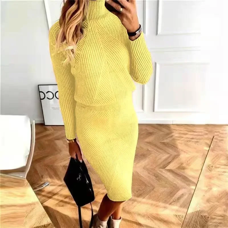 2024 Autumn Winter Women\'s Knitting Costume Turtleneck Solid Color Pullover Sweater Slim Skirt Two-Piece Set Female Warm Suits