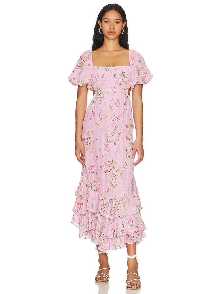 

Summer Sexy Puff Sleeve Printing Long Dress Women Pink Short Sleeve Backless Floral Printed Cutout Slim Dresses Vacation Holiday