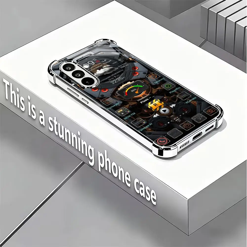 Mechanical style silver plated glass phone case suitable for Samsung Galaxy S26 S25 S24 S23 S22 S21 S20 FE/Ultra/Plus anti drop