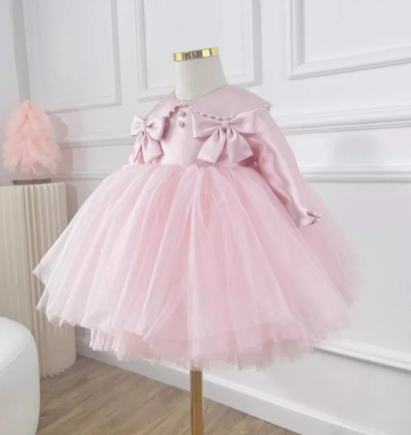 Pink Children Birthday Party Dress Wedding Bridesmaid Flower Girls Dress Evening Gowns Pageant Princess Dresses with Bows