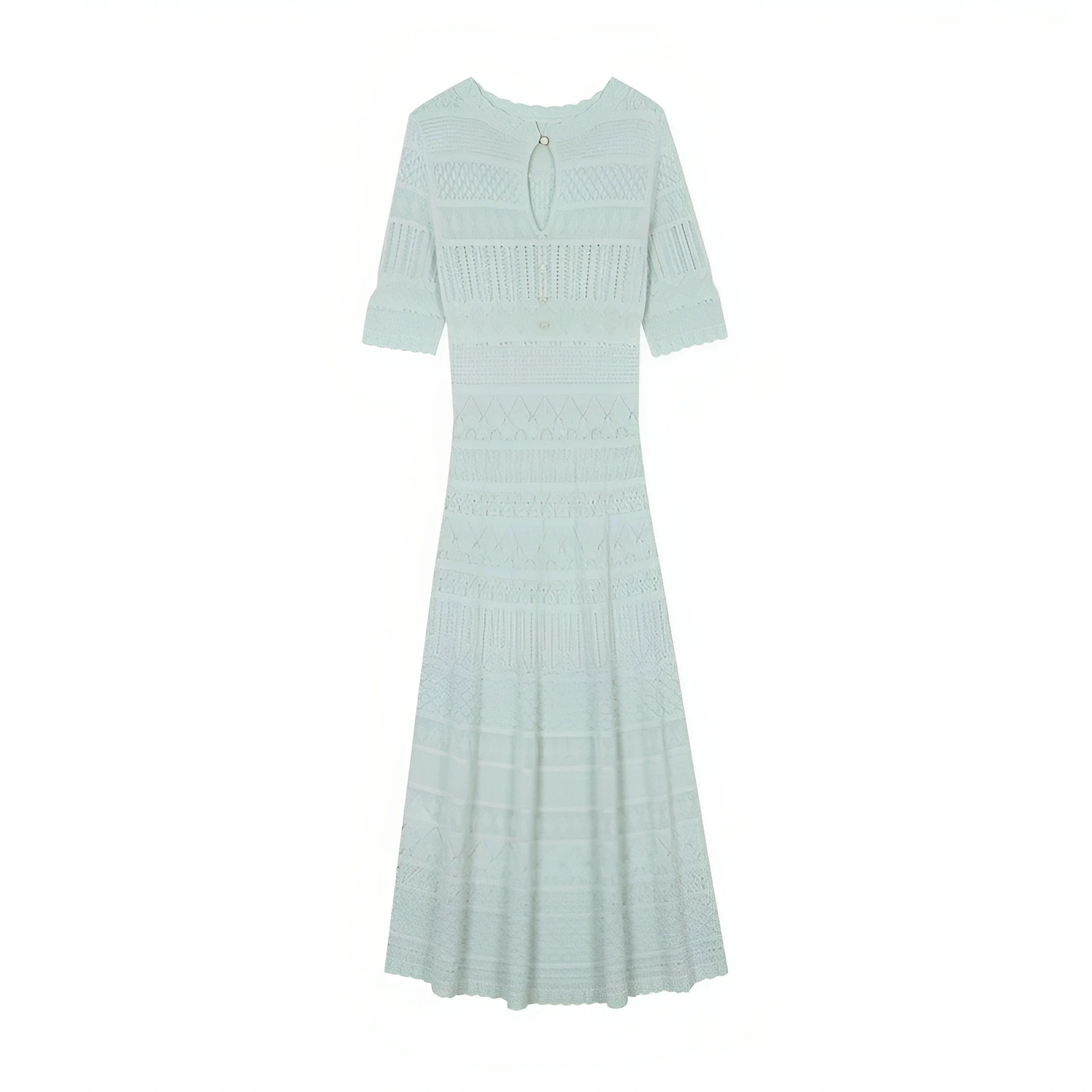 Micosoni High-end Quality Spring Summer Elegant Light Green round Neck Short Sleeve Openwork Overhead Mid-Length Knitted Dress