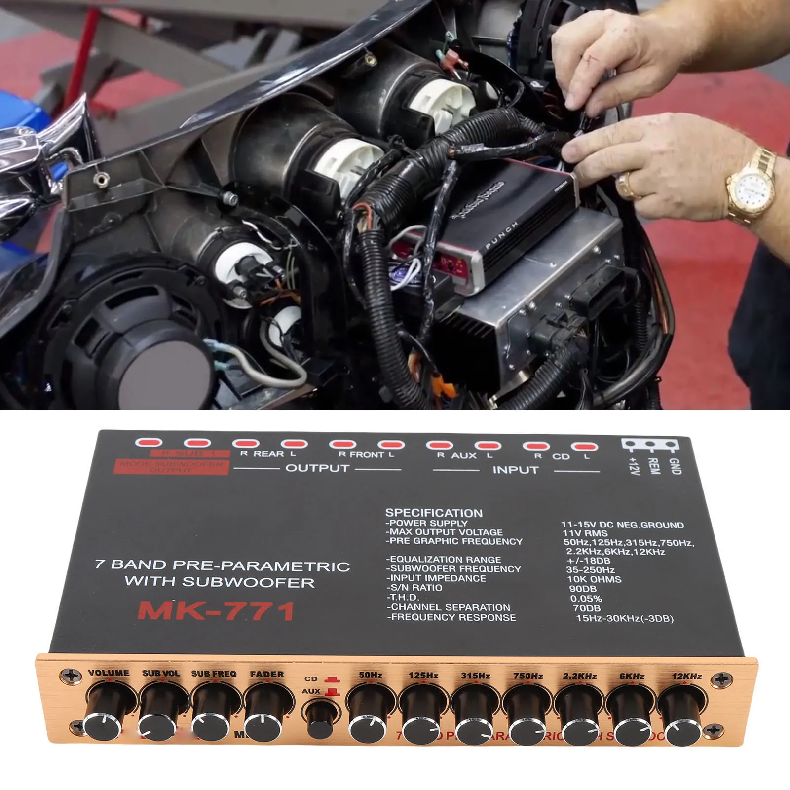 7-pasmowy equalizer samochodowy, graficzny equalizer samochodowy, wyjście subwoofera przedniego i tylnego, wejście głośnikowe wysokiej jakości do kamperów, łodzi i motocykli.