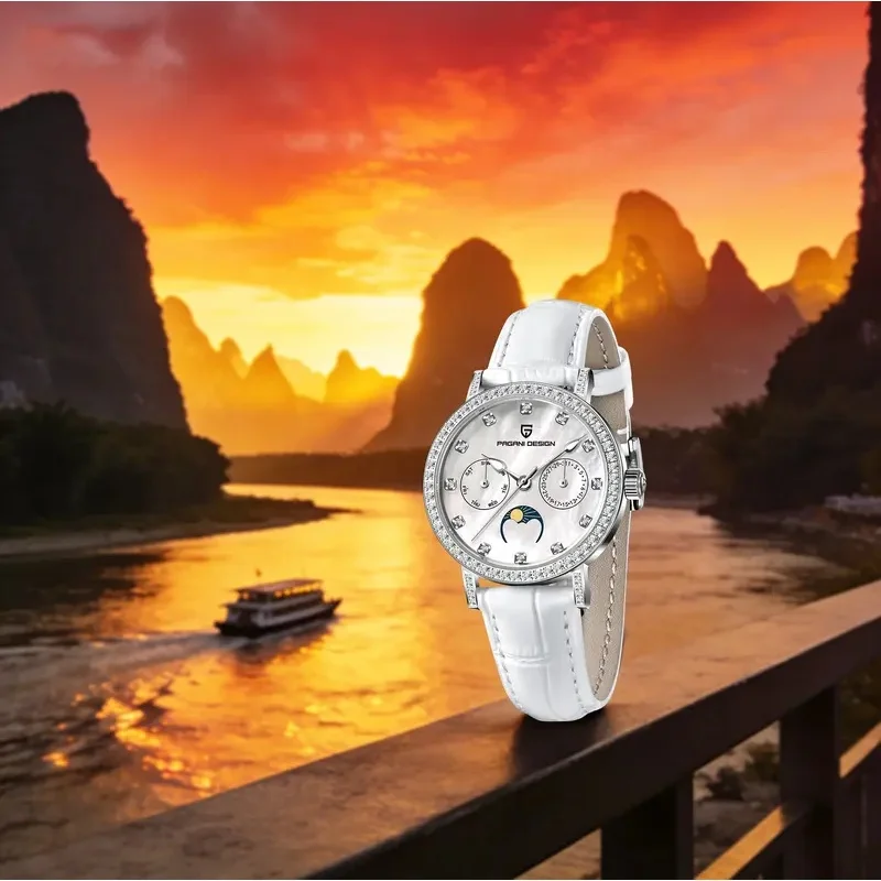 PAGANI DESIGN Minimalist Ladies Quartz Watch Solid Color Diamond Dial Small Three-Pin Sapphire Mirror Calendar Moon Phase Watch
