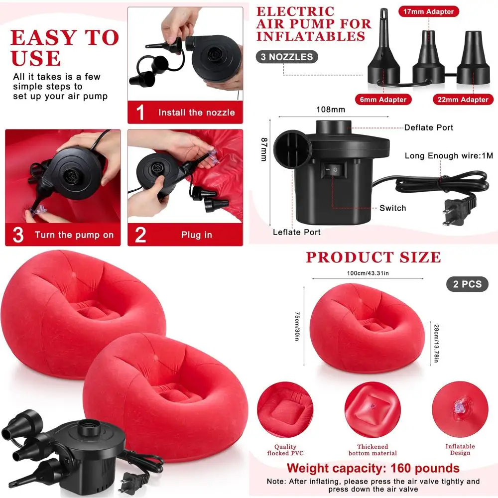 

Красные надувные кресла-мешки с электрическим насосом для использования на улице и в помещении - портативный диван-шезлонг