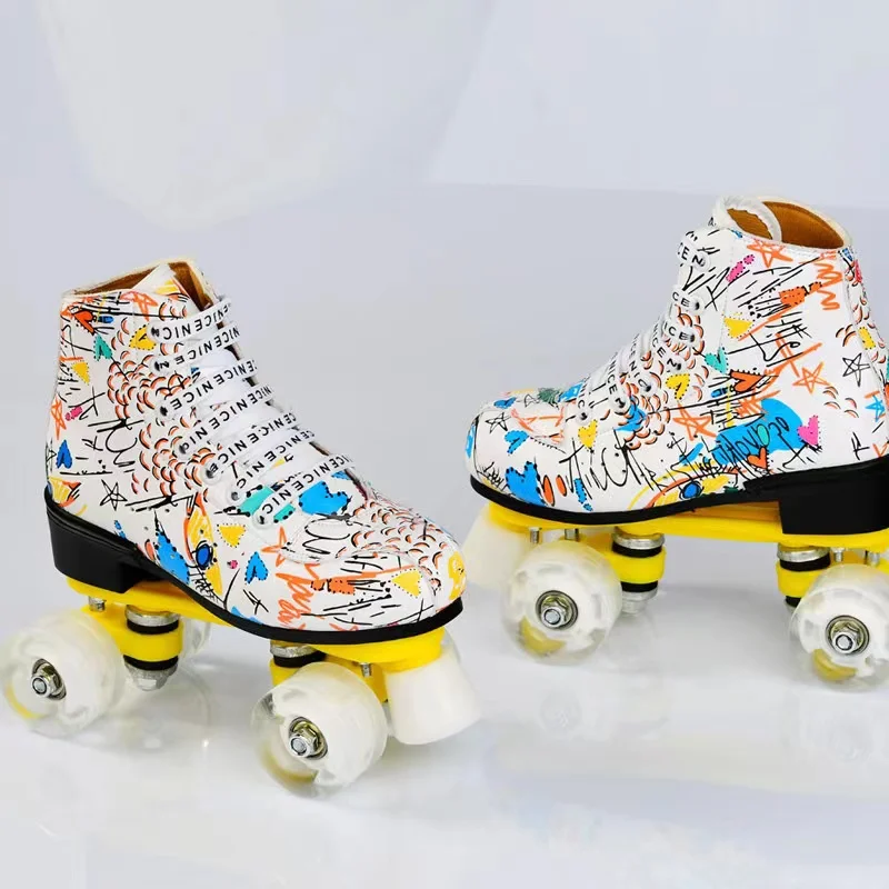 Graffiti Microfiber Roller Skates Shoes for Adult, Double Row, 4-Wheel, Flash Wheel, 2 Line, Quad Skating Sneakers, New