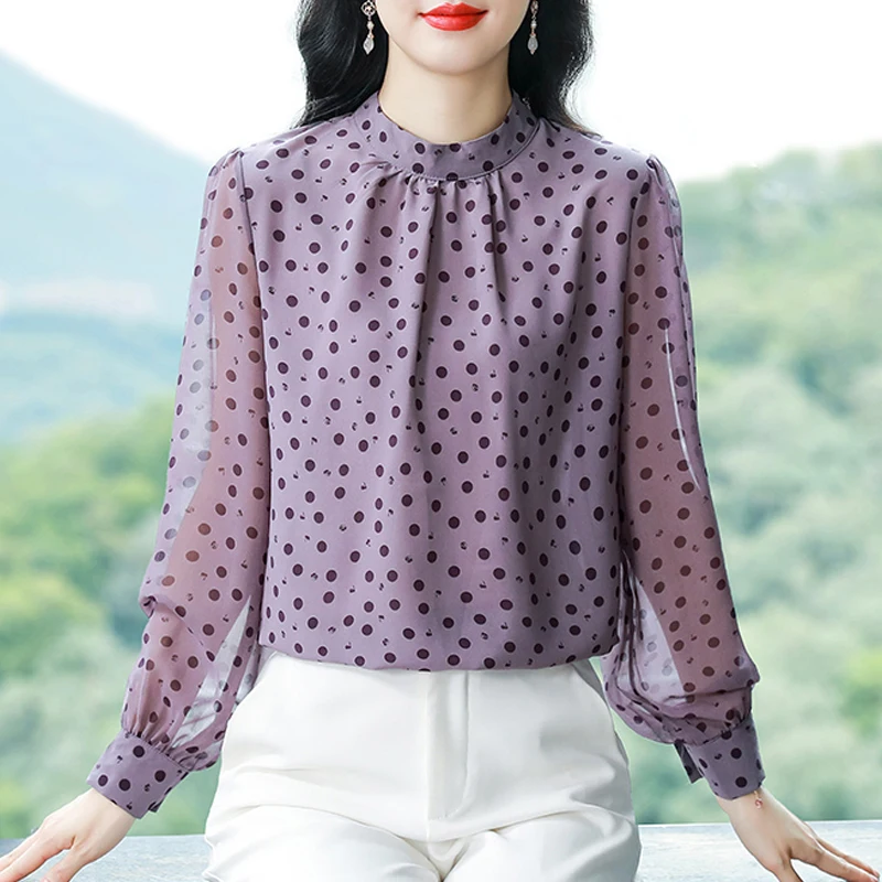 

Spring Autumn Clothes New Fashion Silk Chiffon Shirt Long Sleeve Polka Dot Office Lady Blouse Elegant Women Tops