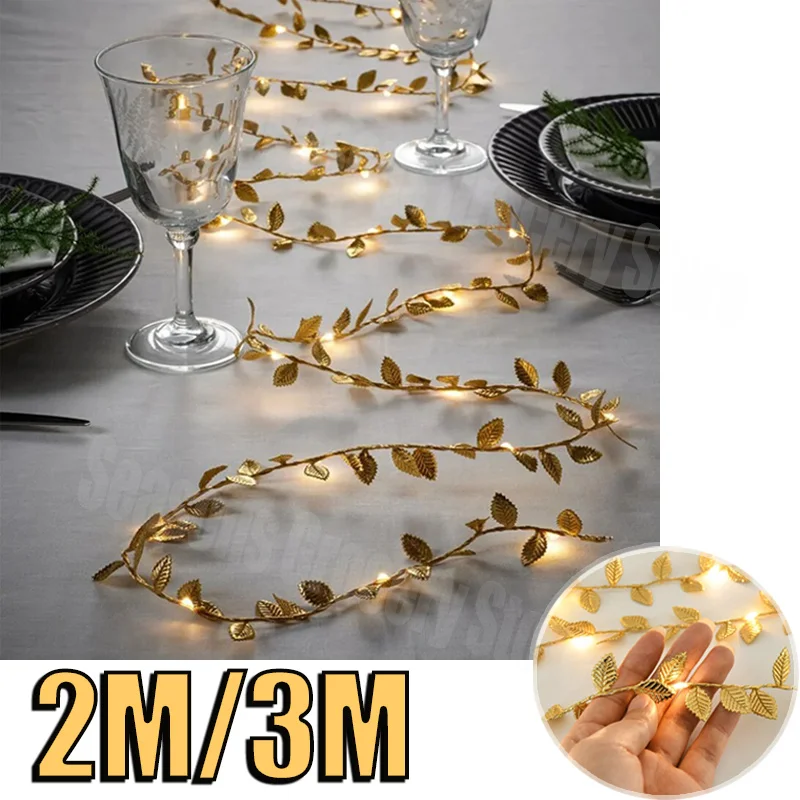 2M/3M 20LED Golden Silver Tiny Leaves Fairy Light Battery Powerd Artificial Plant Garland Vine Lights For Wedding Home Party dec