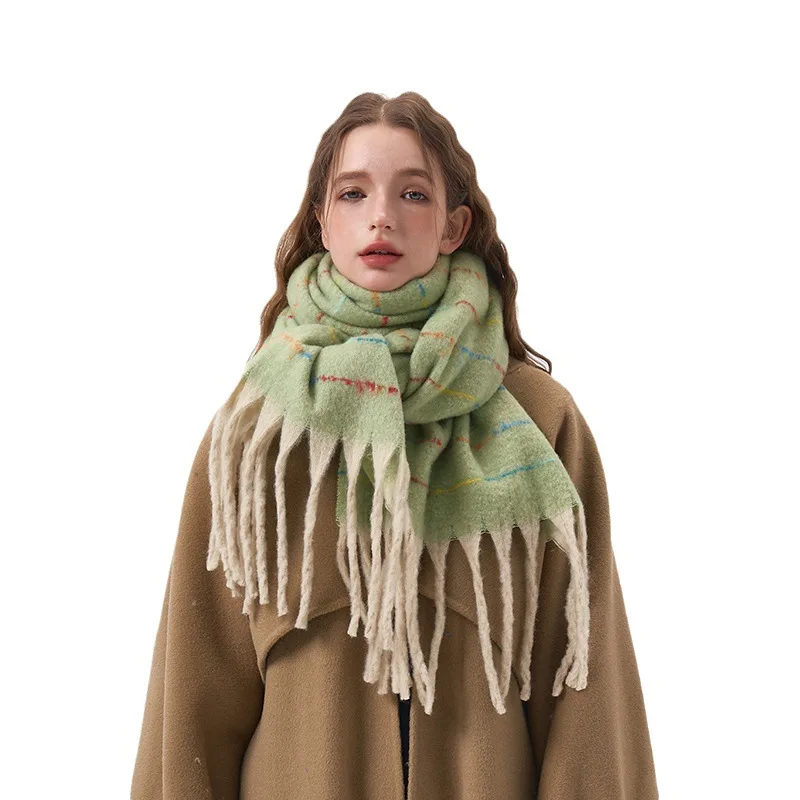 2023 Winter Plush  Thickened  Keep Warm Gradient Simple Color Colored Stripe Scarf Retro Tassel Women Collar Shawl Long Scarf