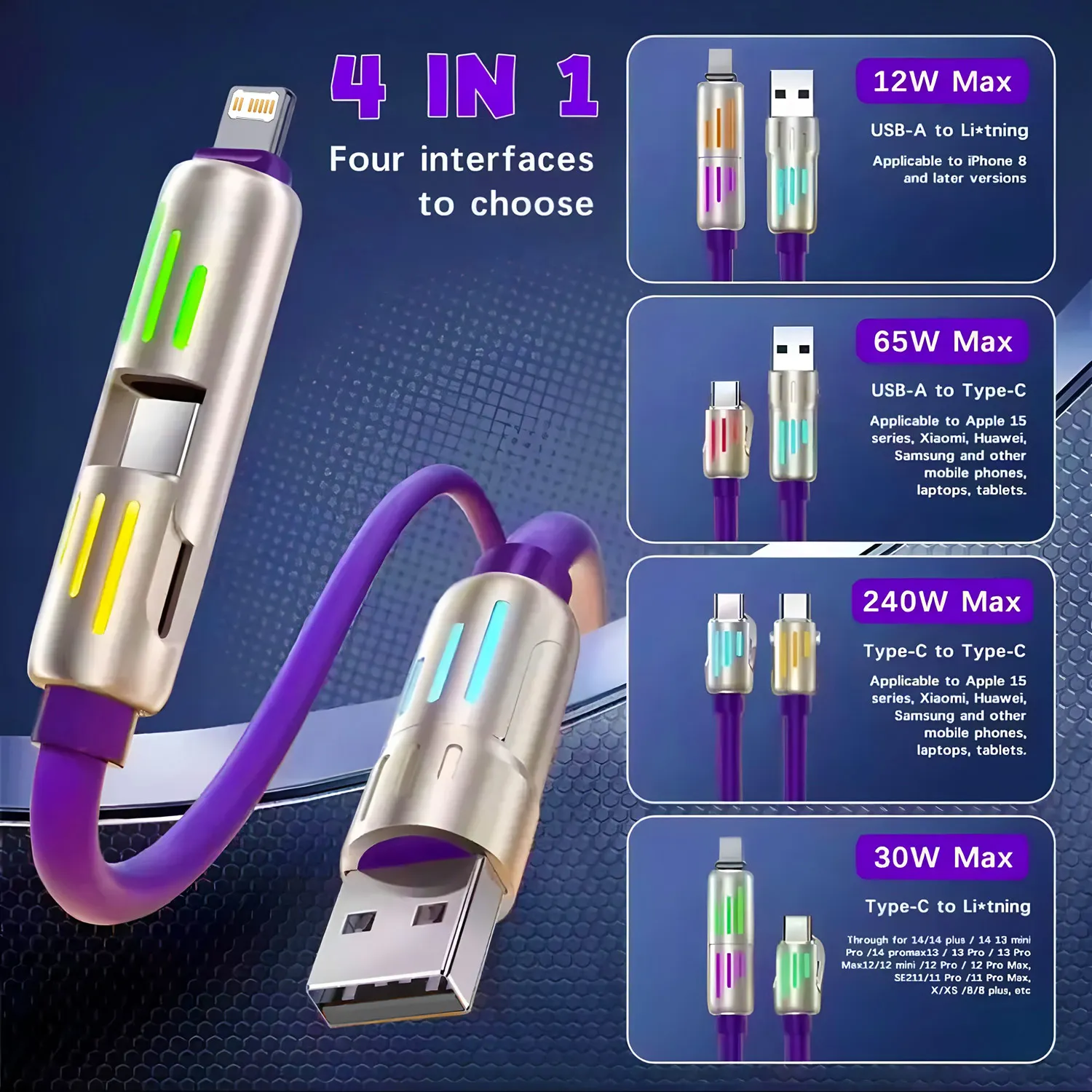 240W 4-in-1 Super Fast Charging Cable RGB Breathing Light Type-C For iPhone7-16ProMax iPad Notebook Tablet Mobile Phone Samsung