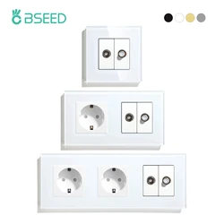 BSEED EU Standard Wall Power Socket TV Satellite Port With 16A Outlet Plug Antenna Television Crystal Glass Panel  250V