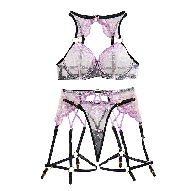 High-quality fashion new fun three-piece set, black and purple contrasting colors, perspective embroidery, sexy underwear set