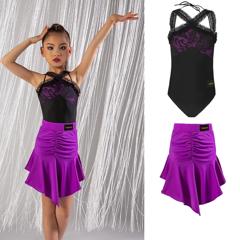 

New Children'S Latin Dance Costumes Girls Lace Cross Neck Latin Top Purple Skirts Ballroom Dance Competition Clothes SL8177