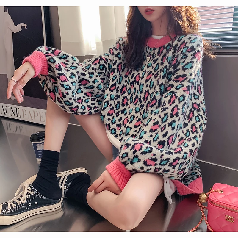 Women Leopard Pullover Knitted Sweater Harajuku Aesthetic Y2k Large Size Long Sleeves Sweaters Fashion Vintage 2000s Clothes