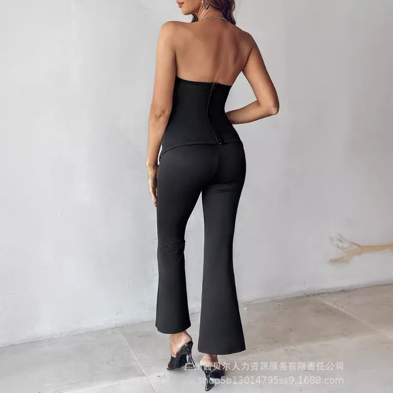 2024 Spring Summer New Women\'s Clothing Solid Color Tube-Top Slim Fit Top Suit Tight Bell-Bottom Pants 2-Piece Set