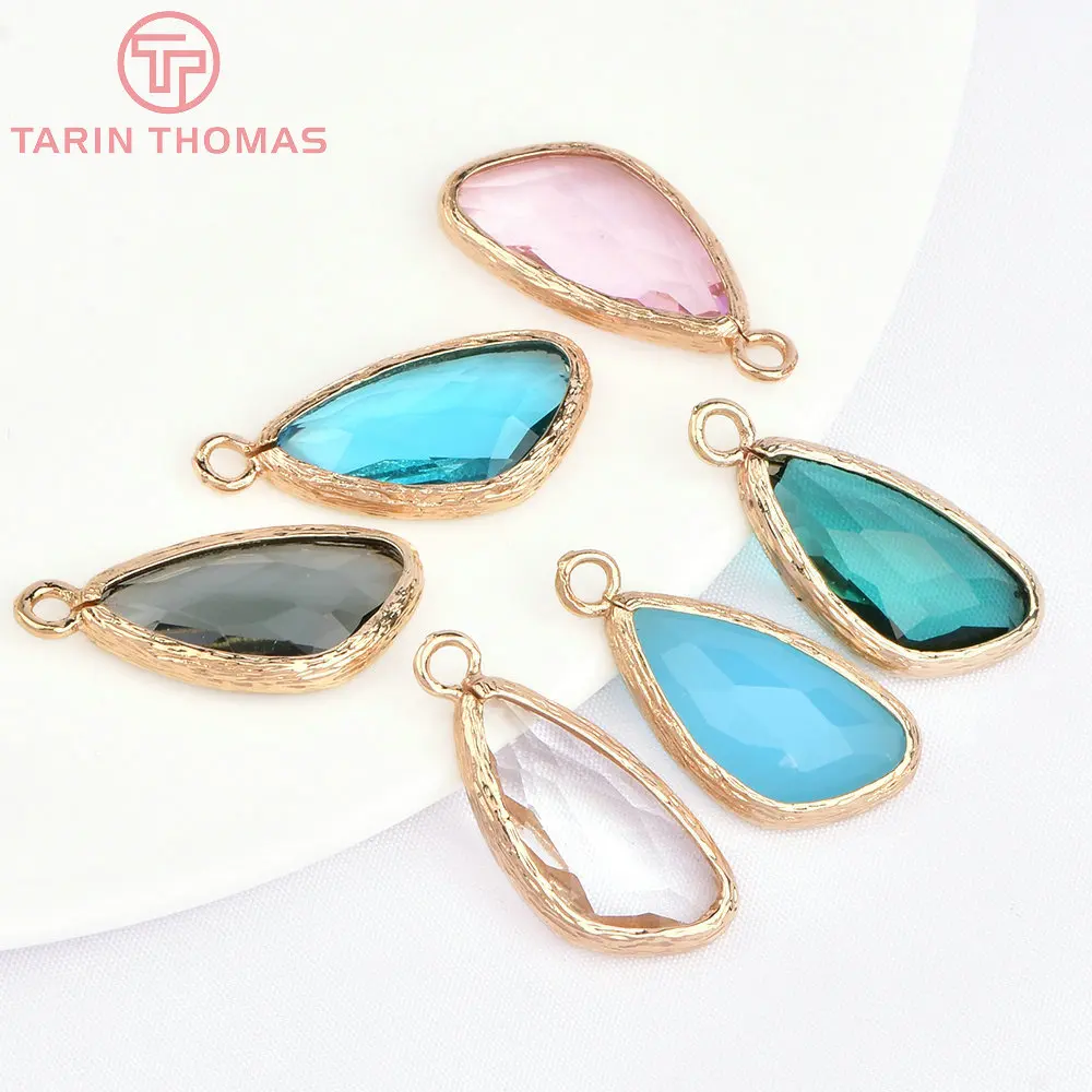 (1242)10PCS 23x11MM 24K Champagne Gold Color Brass and Glass Irregular Drop Shape Charms Pendants  Jewelry Findings Accessories