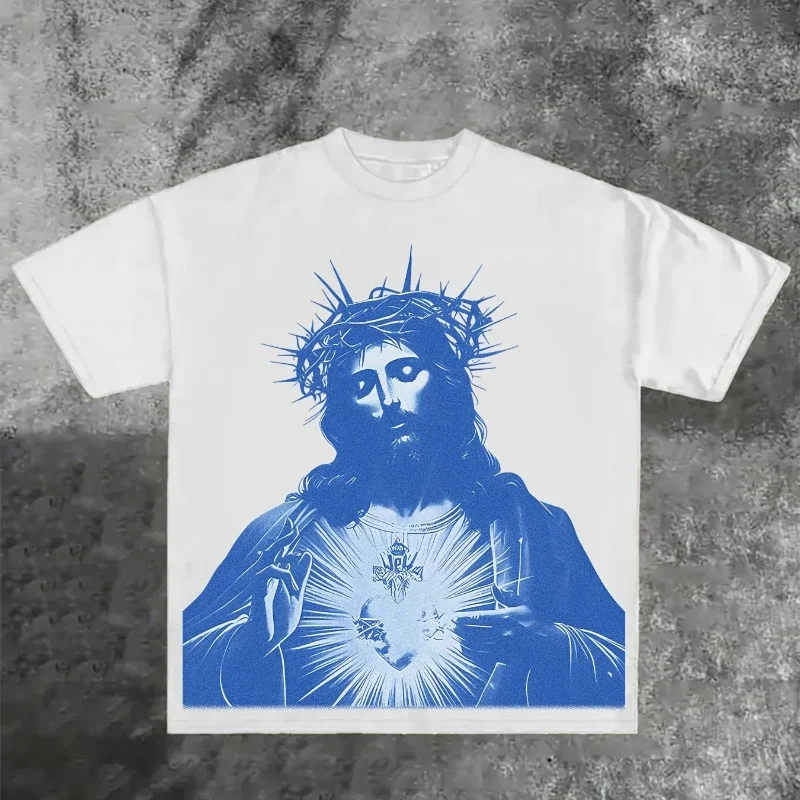 T-shirt unisexe surdimensionné Y2K Streetwear en coton, motif vintage bleu Cœur Sacré Jésus Couronne d'épines, été 2026
