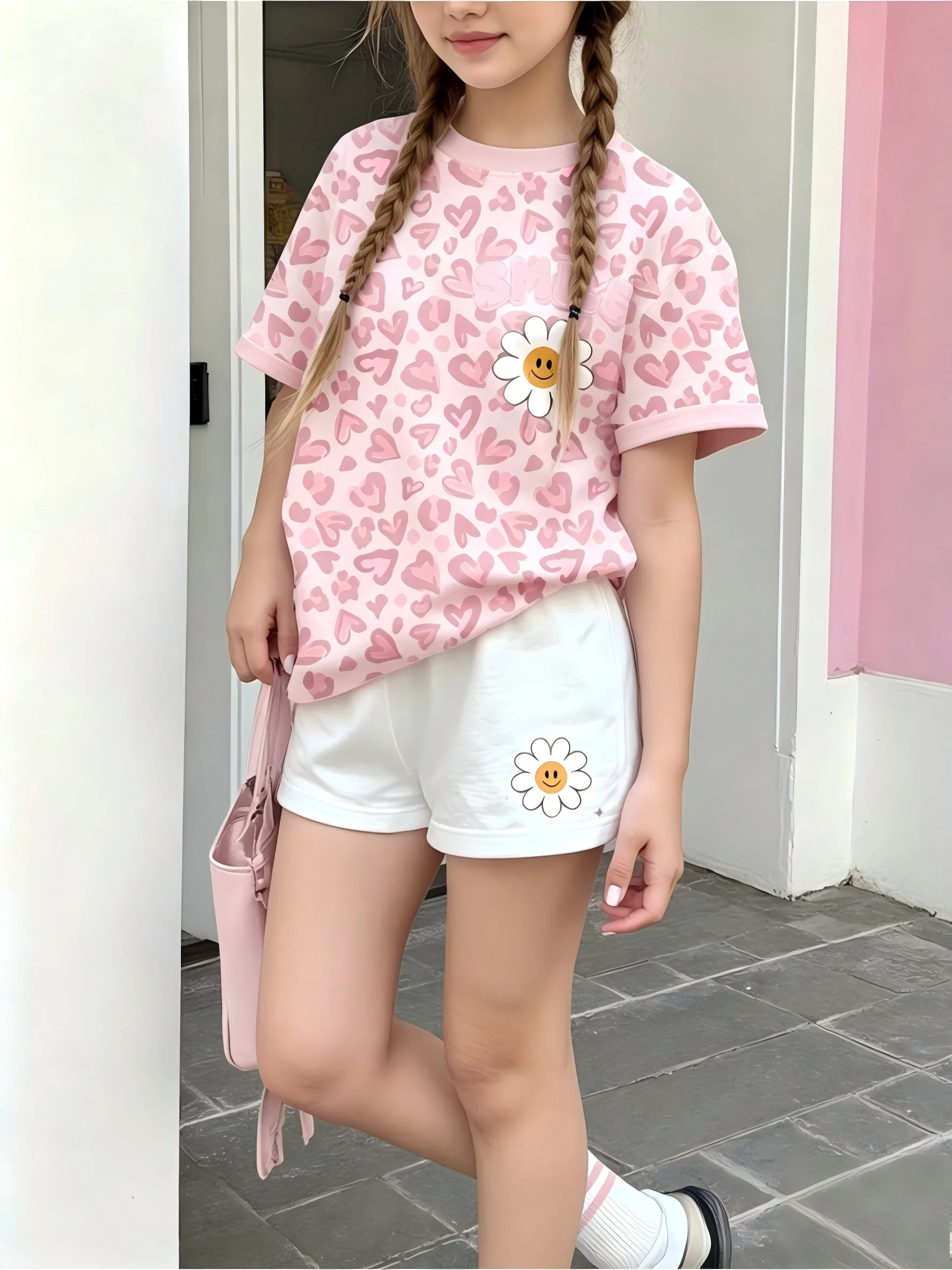 Girls  Sleeve Crew Neck T-Shirt + Shorts Set Leopard Heart Print With Smile Flower Logo Casual Cute Kids Daily Outfit Ages 1-14