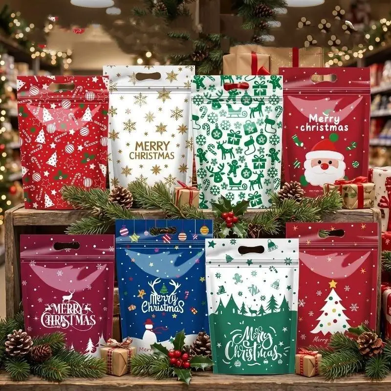 50Pcs Resealable Christmas Resealable Bags Christmas Plastic Sealing Bags With Handles For Xmas Holiday Party Candy