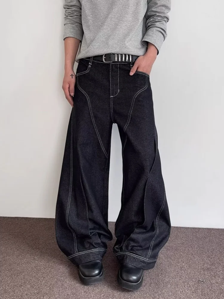2025 Ropa Y2K Style Washed Black Patchwork Baggy Jeans Pants For Men Clothing Wide Leg Pleated Luxury Trousers Pantalon Homme