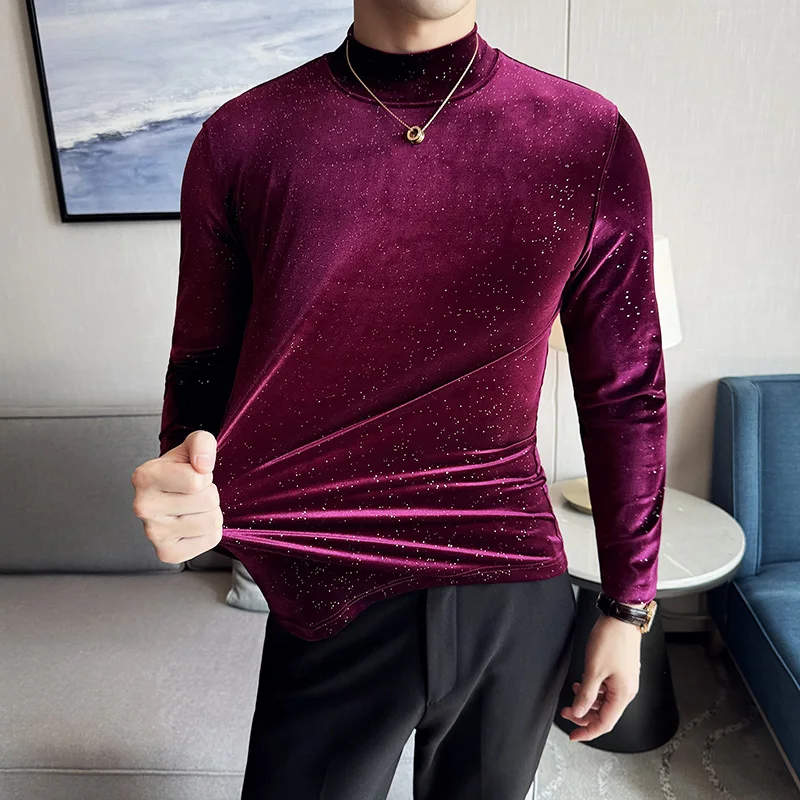 Autumn Winter Men's Glossy Velvet T-shirt Shiny Dots Long Sleeve Windproof Collar Stretch Basics Tees Fashion Slim Fit Tops Man