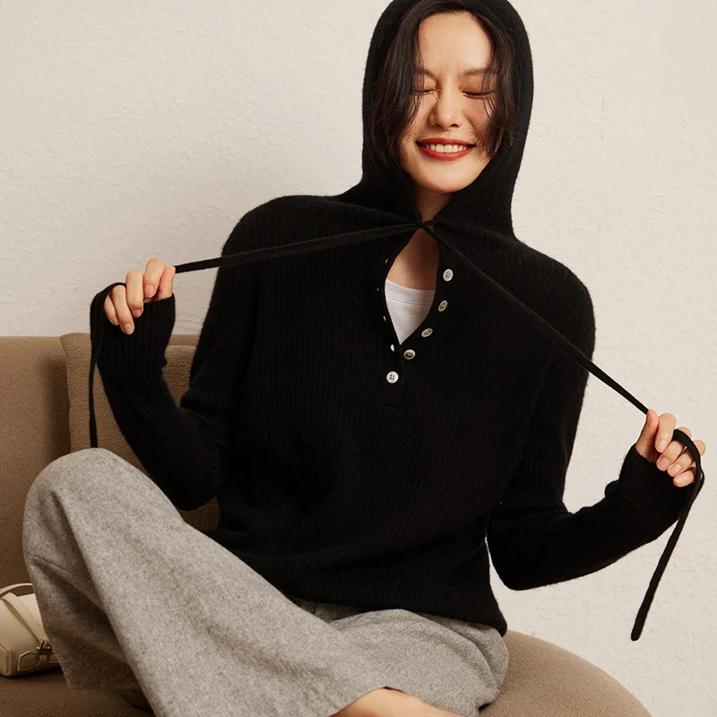 Autumn Winter Luxury Women's 100% Cashmere Hooded Sweater Soft Warm Pullover Popular Hoodie Jumpers Casual Female Knitwear Tops