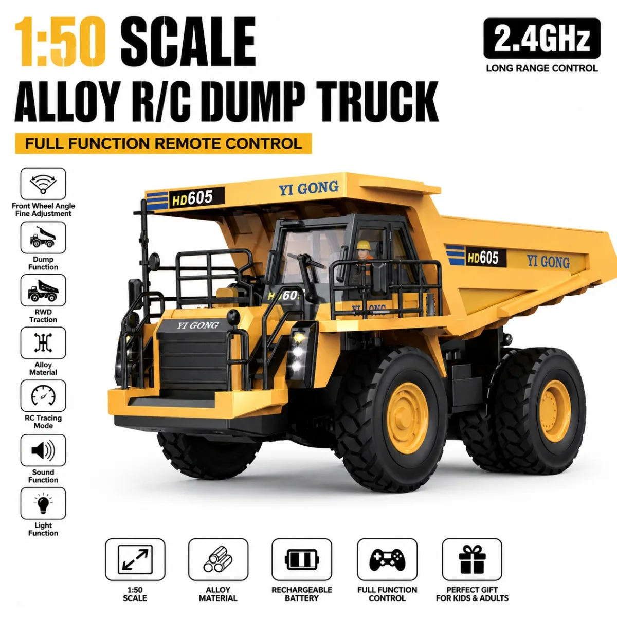 YG605 1/50 Remote Control Screw Dump Truck 2.4G Remote Control 3KM/H Loading and Unloading Function LED Simulated Sound Effects.