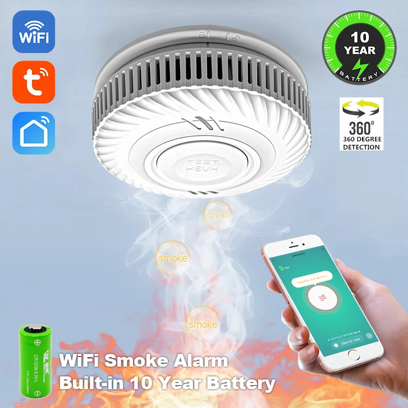 Detector de humo de alta calidad con función WiFi Tuya, batería integrada de 10 años, sala de estar, cocina, tienda, Sensor de alarma de inspección de incendios