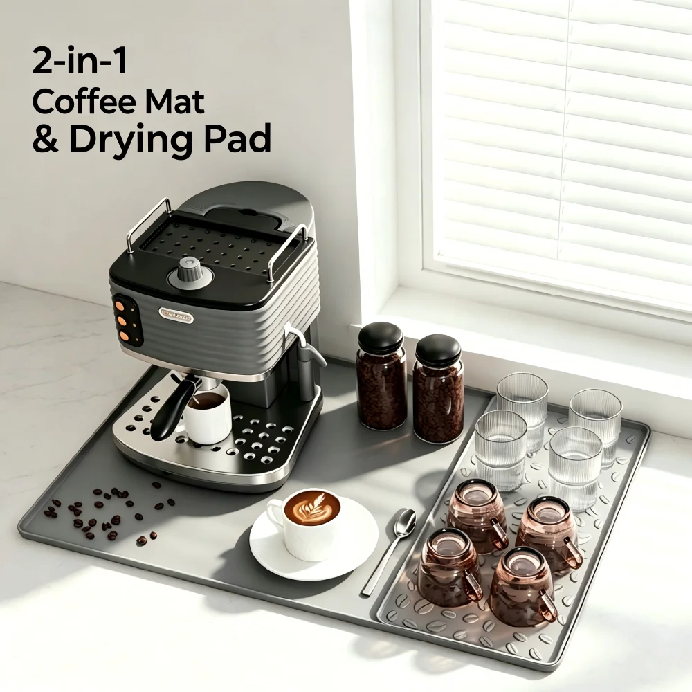 Large Silicone Coffee Machine Mat, Heat Resistant Countertop Protector, Non-Slip Cup Drying Tray for Coffee Mugs, Dishes