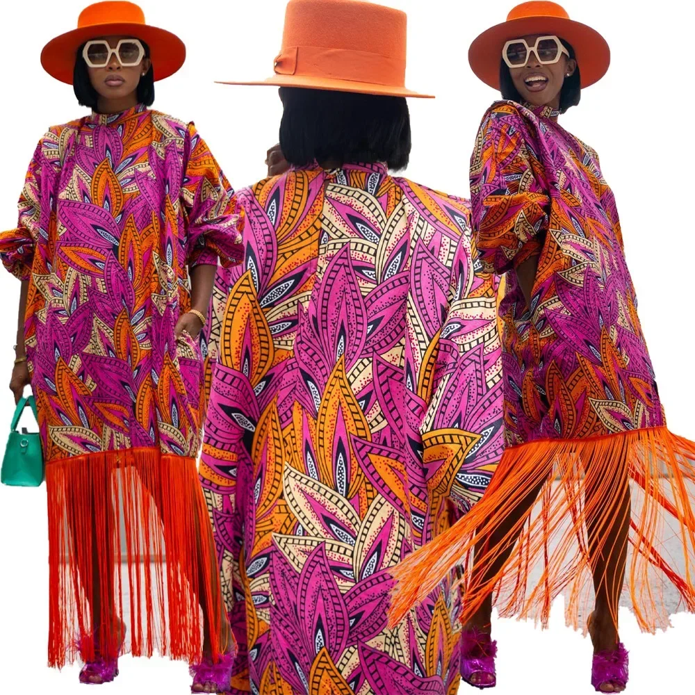 

Casual Printed Tassel Long Dress Women's Cross-Border Loose Waist Design Full Sleeve Stand Collar Maxi Skirt Length
