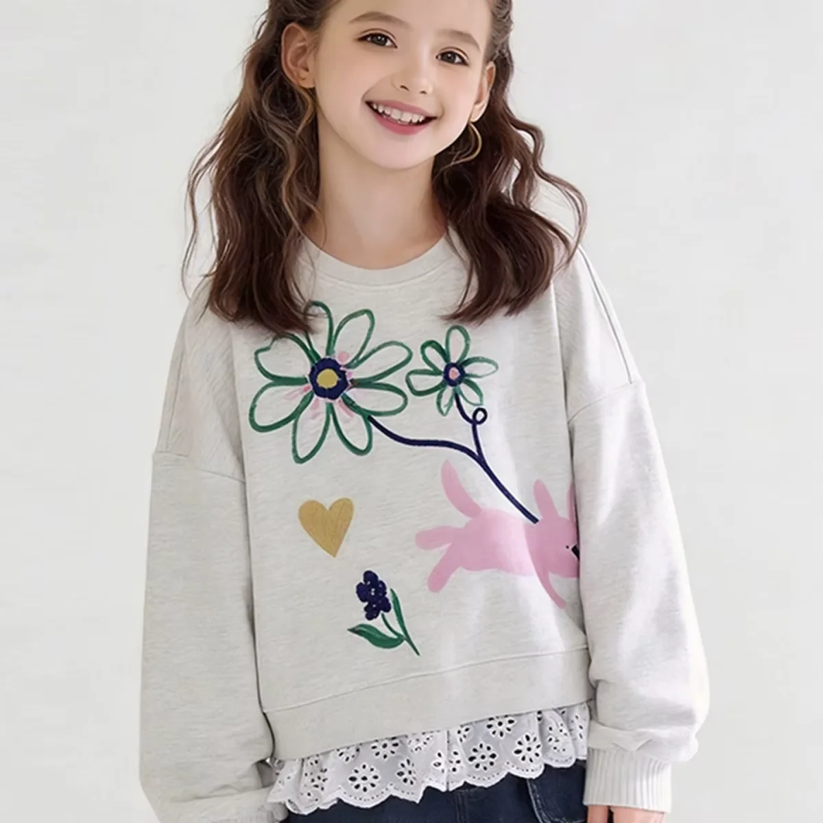 Fashion Girls Round Neck Sweatshirt Spring Autumn Kids Floral Print Top Older Children Casual Pullover Top 3 5 7 9 10 12Y