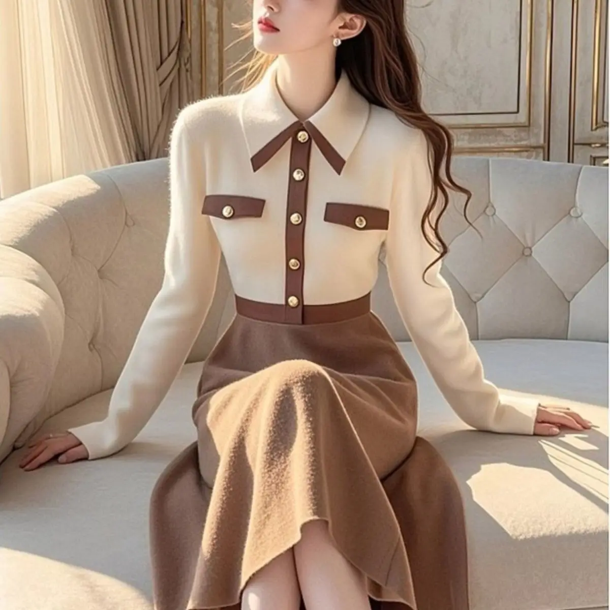 Impressionante vestido de malha café contraste painéis vestido de malha figura lisonjeiro cintura vestido de malha camadas macias vestido de malha aconchegante