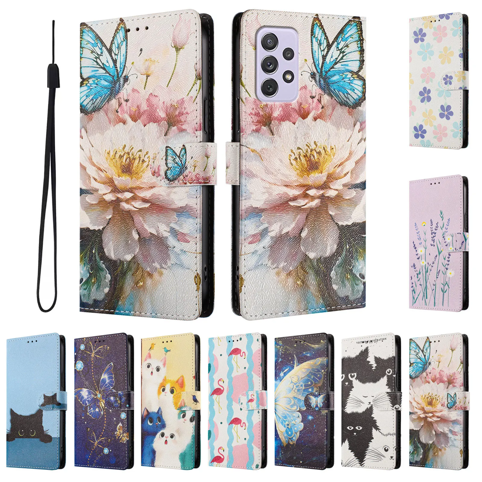 Patterned Leather Phone Case For Samsung Galaxy A27 A26 A25 A53 A36 A56 A37 A57 Wallet Holder Book Bag Cat Painte Funda Cover