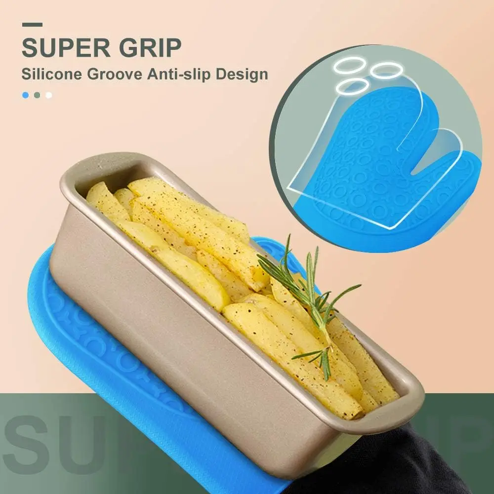 Luvas de Forno Extra Longas Resistentes ao Calor com Pegada Antiderrapante, Perfeitas para Assar, Cozinhar e Grelhar - 14,6 Polegadas Azul e Preto