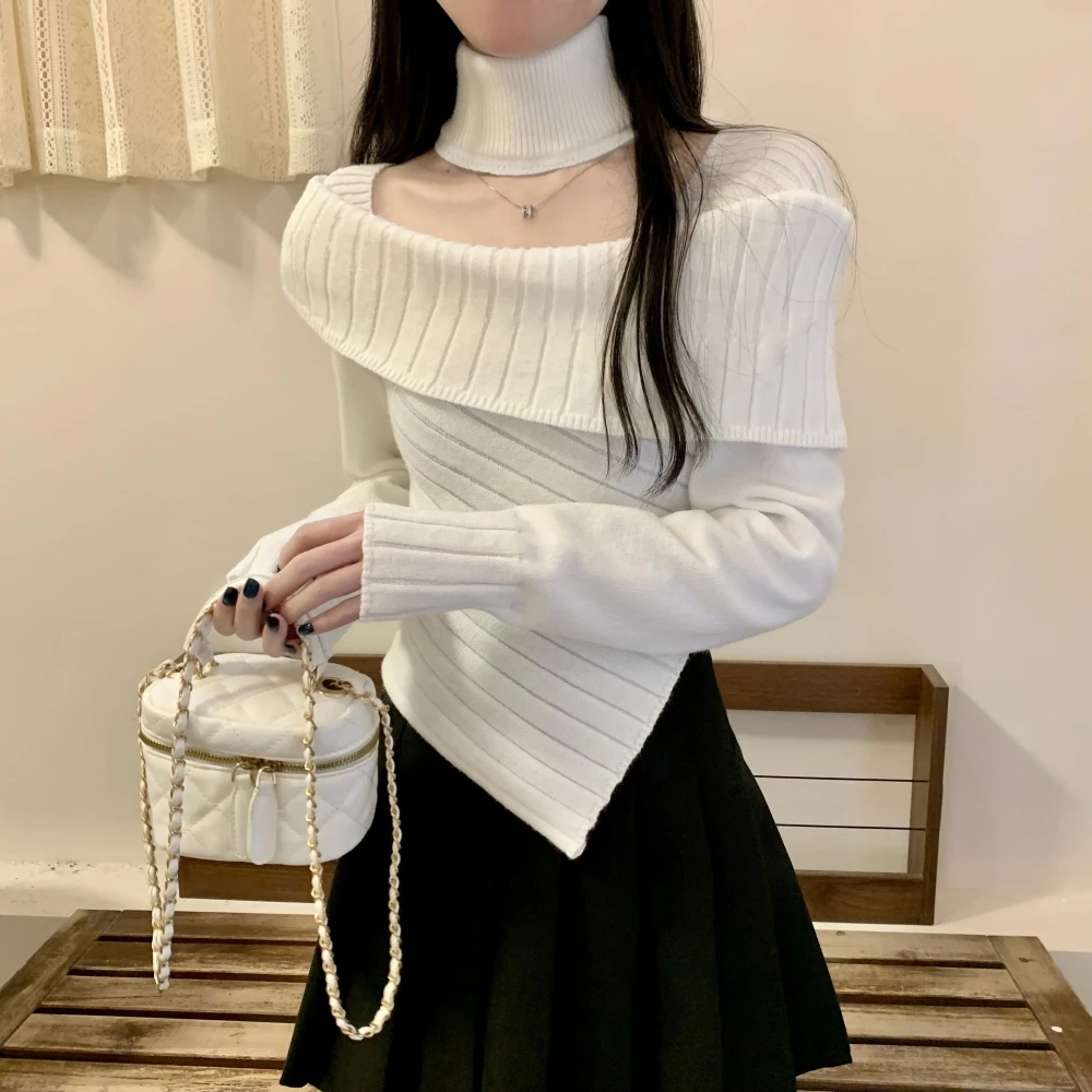 Solid Sweaters Women Slim Square Collar Irregular Hotsweet Spring Autumn Popular Minimalist Lounge American Style Simple Stylish