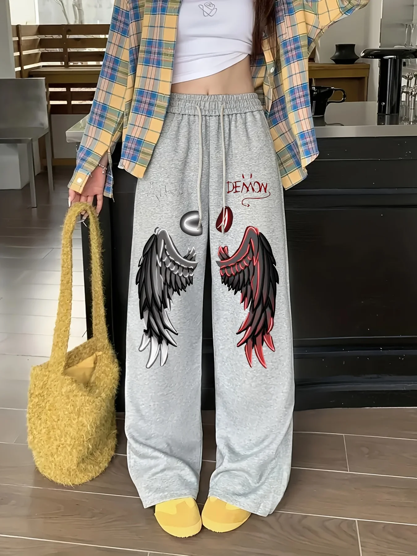 

Devil Angel Pattern Printed Casual Pants - Wide-leg Corset Sport Pants, Machine Wash Comfortable Winter Casual Wear, Comfortable