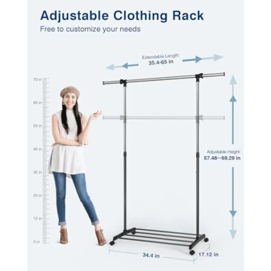 Heavy Duty Adjustable Garment Rack-Rolling Clothes Organizer, Black and Chrome