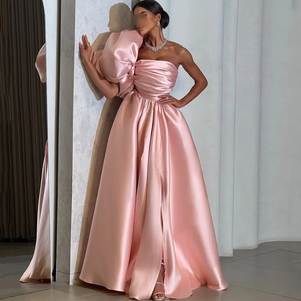 

Modern One Shoulder Evening Dress Classic Satin A-Line Floor Length with Pleat Puff Sleeve Customized Bridesmaid Gowns New