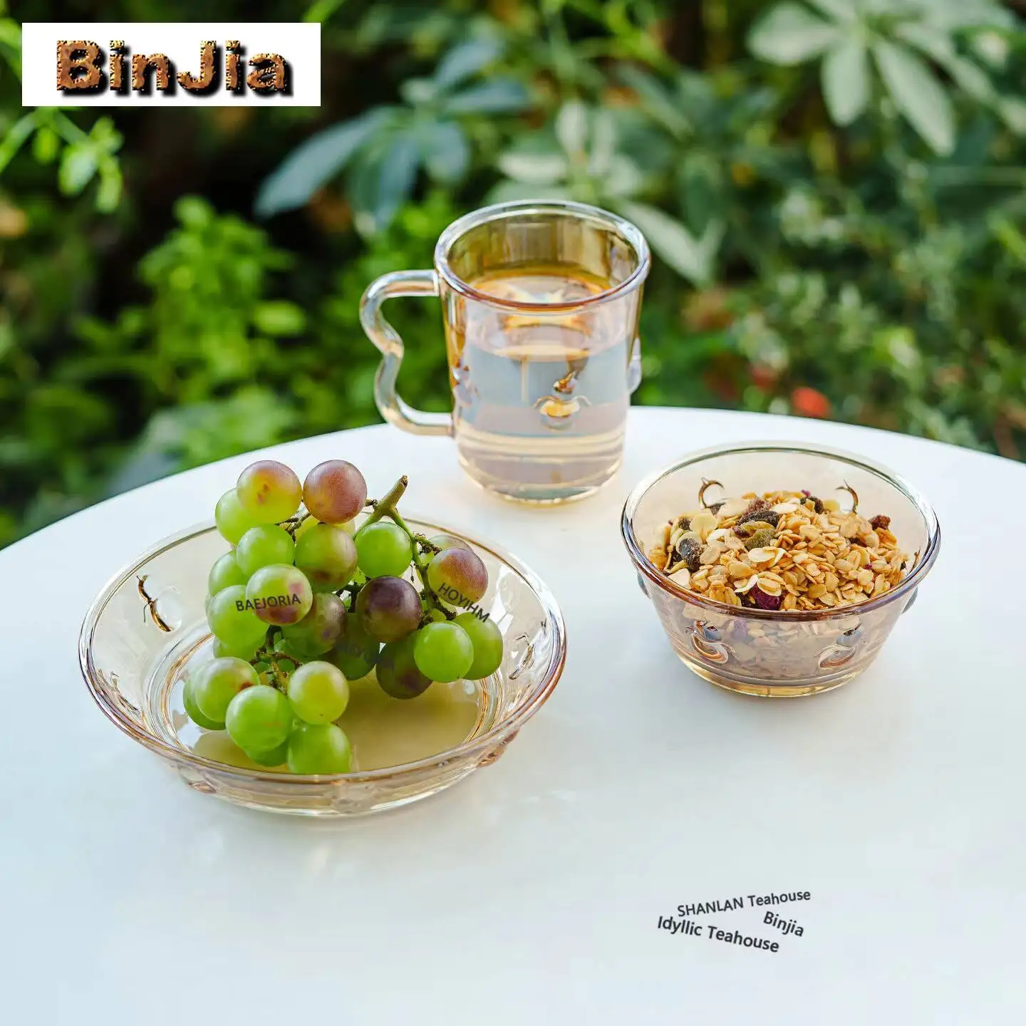 BAEJORIA Good Fortune Prosperity Three-piece Set Of Glass Tableware Set High-end Salad Bowl Fruit Plate And Water Glass