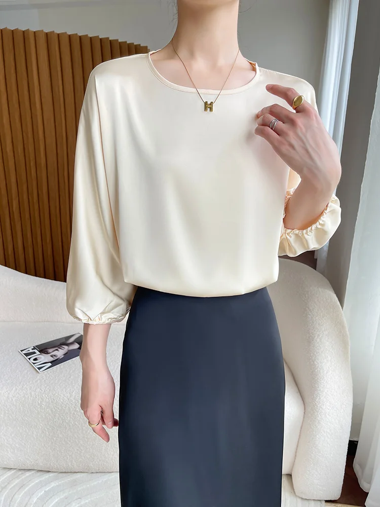 Women's Silk Half Sleeved Shirts, O-neck, Monochromatic, Large Satin, Short Sleeves, Loose, Casual, Summer, Solid Champagne