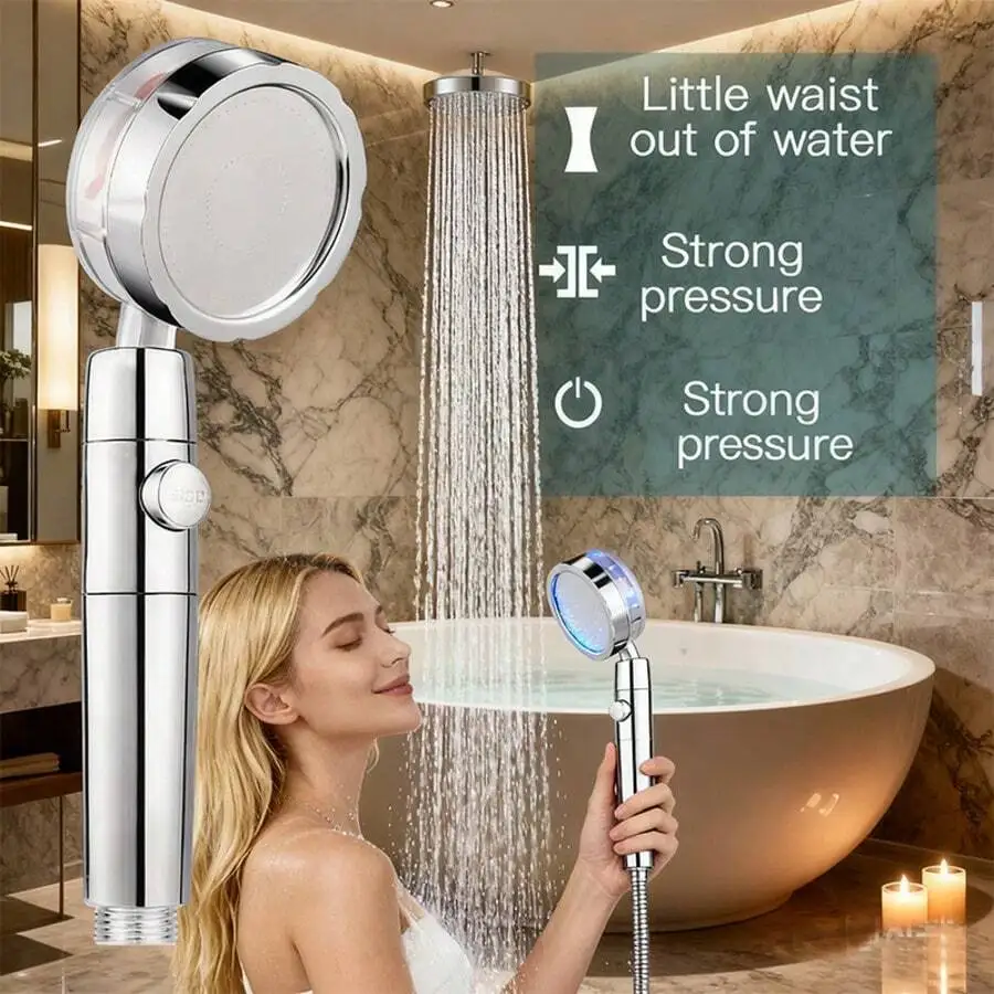 Propeller Driven Shower Head With Stop Button And Cotton Filter Turbocharged High Pressure Handheld Shower Nozzle