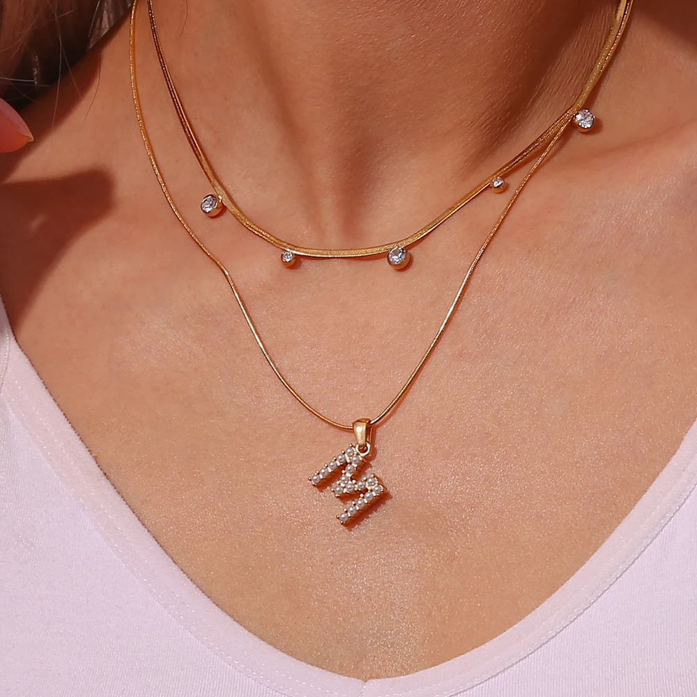 18k Gold Plated Small CZ Charm Choker Herringbone Chain Crystal Beads Pendant Necklace Dainty Jewelry for Women 16\'\'