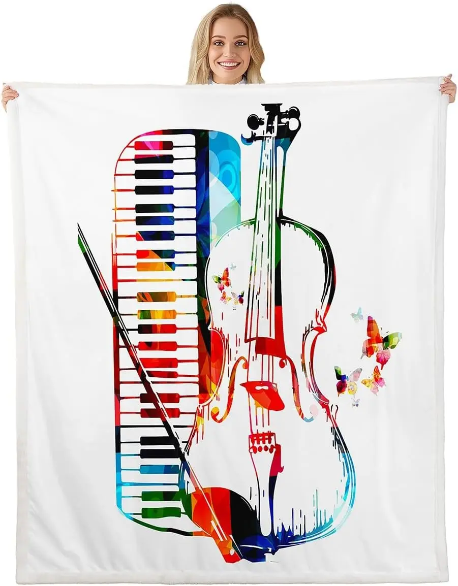 Musical Instrument Blanket Violin Piano Art Fleece Throw Music Lover Decor Colorful Abstract Design Cozy Cover