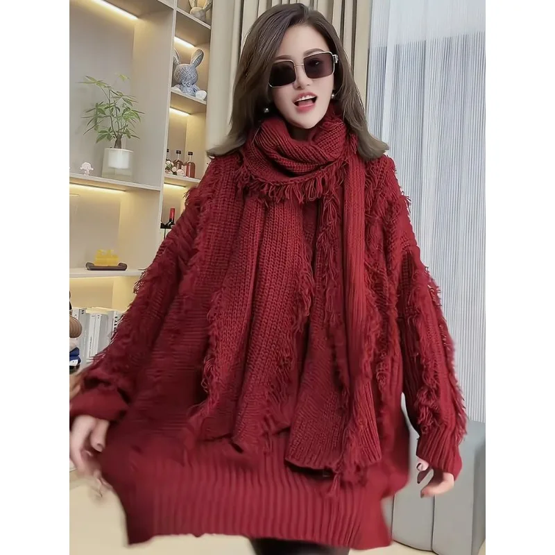 (مبيعات المصنع مباشرة) الخريف والشتاء الصناعة الثقيلة مهدب سترة برقبة على شكل حرف v + وشاح قطعتين مجموعة المرأة كسول الرياح سبليت #5