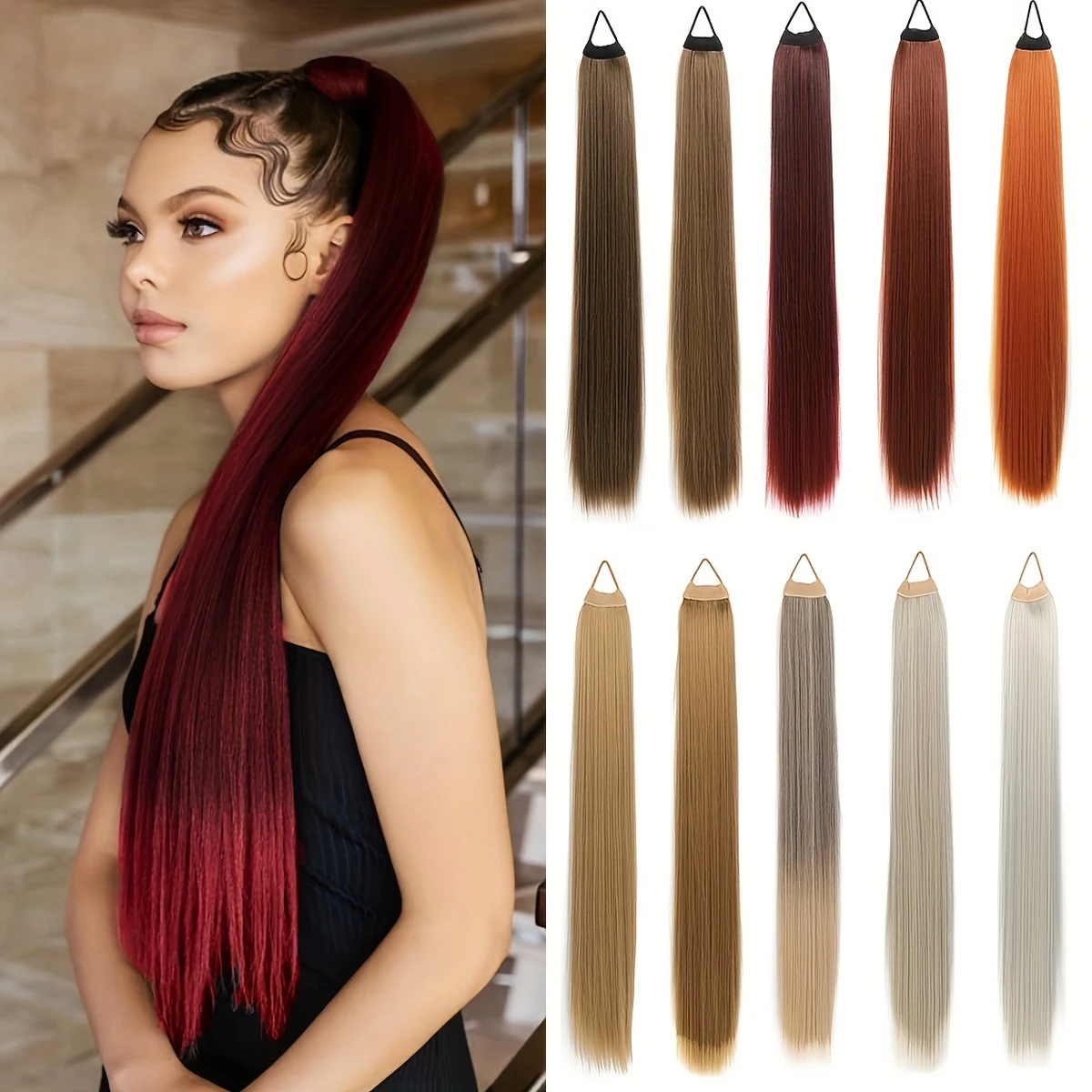 28inch Synthetic Long Straight Ponytail Wig Extension for Women Soft Heat-Resistant Hair with Elastic Rubber Band Ponytail