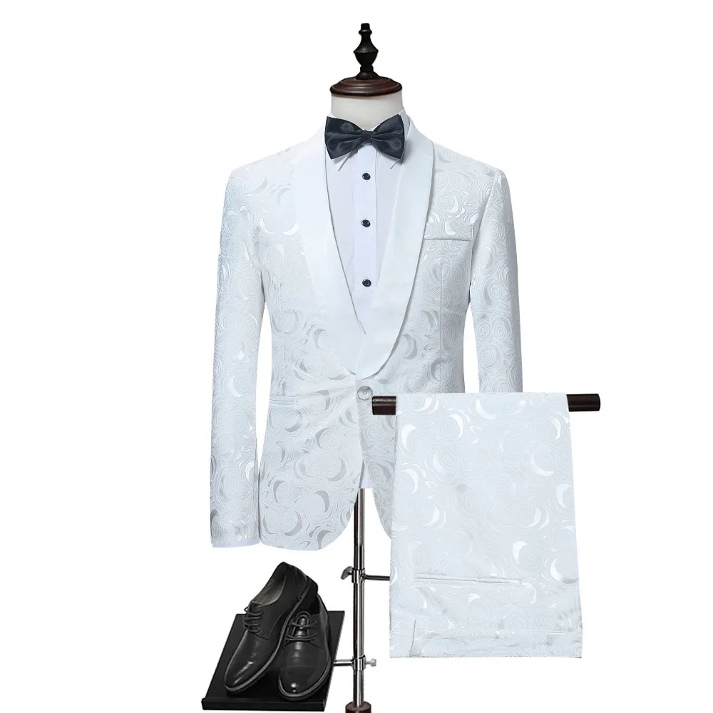 

Mens White Rose Print Suits With Pants Wedding Groom 2 Piece Suit (Jacket+Pant) Men Stage Singer Prom Costume Homme Tuxedo Suit