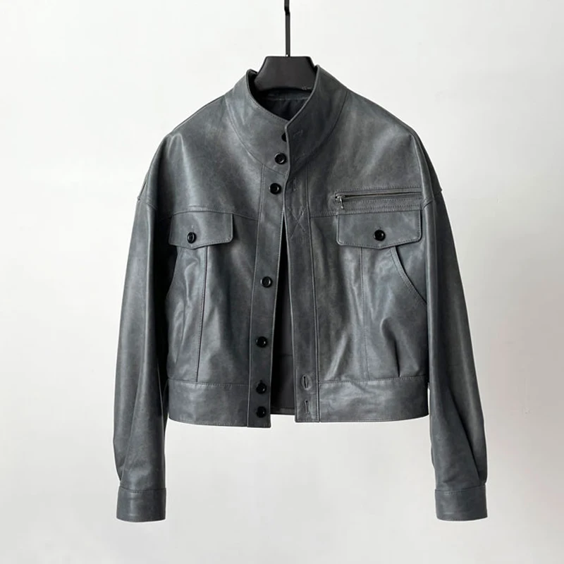 Mode Stehen Kragen Frauen 100% Echtes Leder Biker Jacken Herbst Winter Casual Weibliche Lose Volle Hülse Schaffell Jacke Mäntel