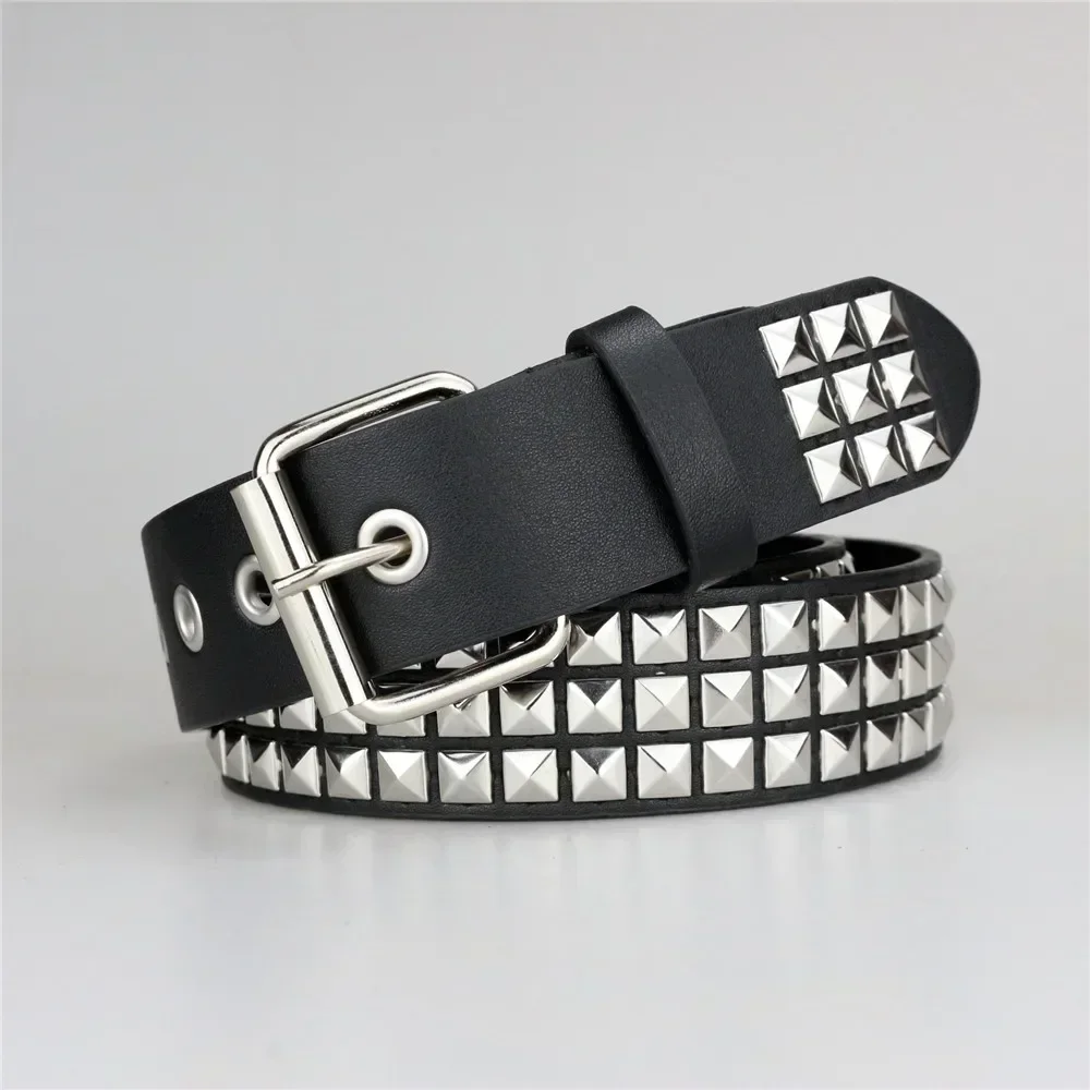 Studded Belt Men Women Punk Pyramid Square Buckle Chain Belt Bonded Leather Rivet Black Leather Belt Waistband for Jeans